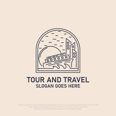 Tour and travel logo vector with cruise ship in the moon light with line art style, best for travel, holiday, outdoor activity vector illustration