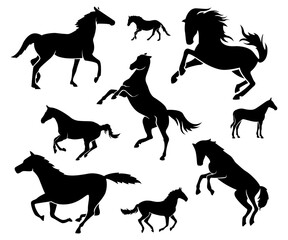 horse silhouettes, horse silhouette vector, set illustration of horse, silhouette of animal