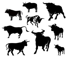 farm animals silhouettes, bull silhouettes, silhouettes of bull, design vector of bull, bull logo design, silhouettes of animals	