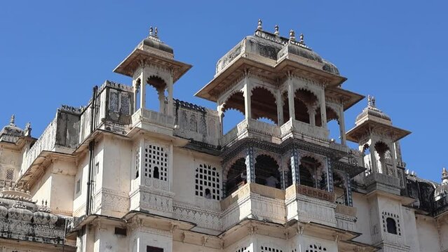 Udaipur, Rajasthan, India 1st January 2023: Udaipur City Palace Famous romantic luxury Rajasthan and Indian iconic tourist landmark. Majestic Interiors of City Palace made by Mewar dynasty Rajputs.