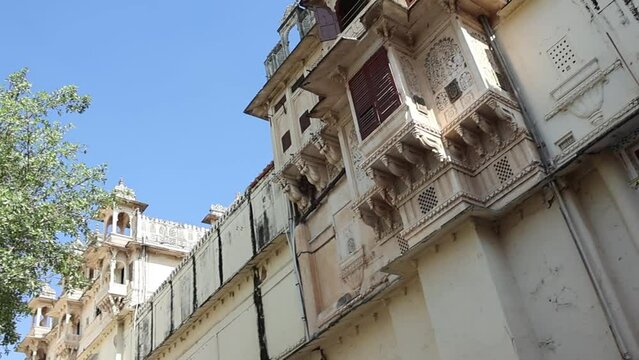Udaipur, Rajasthan, India 1st January 2023: Udaipur City Palace Famous romantic luxury Rajasthan and Indian iconic tourist landmark. Majestic Interiors of City Palace made by Mewar dynasty Rajputs.