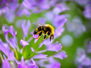 macro photography of a bee perched on a flower pollinating