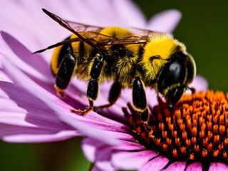 macro photography of a bee perched on a flower pollinating