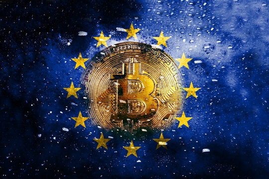 Physical version holding bitcoins and EU flag. Conceptual image of cryptocurrency and blockchain technology in Russia. Double exposure creative bitcoin symbol hologram.  