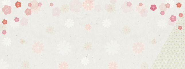 Fototapeta na wymiar ベージュの和紙に梅の花柄模様　バナーテクスチャ素材