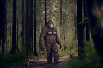Bigfoot walking in a green forest on path; Generative AI.
