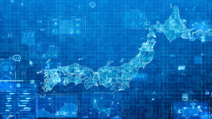 日本地図とテクノロジーイメージ　デジタルトランスフォーメーション - obrazy, fototapety, plakaty