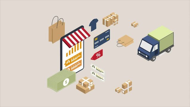 Ecommerce animated isometric concept. Great for business, technology, education, communication, startup and company around the World. Ecommerce illustration animation footage motion graphic.