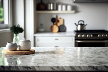 Naklejka na ściany i meble marble counter tabletop with copy space over blurred modern kitchen background. Generative Ai.