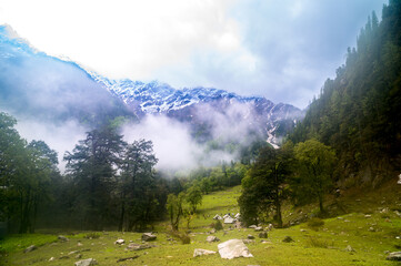 Landscape with fog. This is the scenic view of the Himalayas peaks and alpine landscape from the...