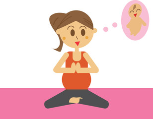 産まれてくる赤ちゃんを想像しながらマタニティヨガで瞑想のポーズをしている女性のイラスト