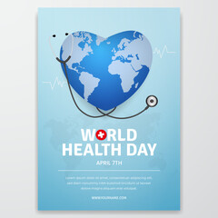 World Health Day April 7th flyer design with globe heart shape illustration