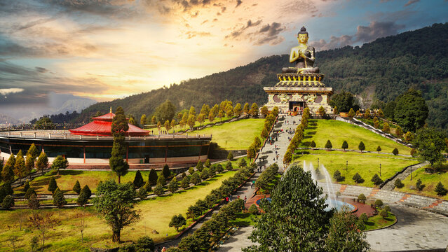 Big statue of Lord Buddha, Gautama Buddha in the Buddha Park of Ravangla in South Sikkim, India. Also known as Tathagata Tsal. A popular tourist attraction.