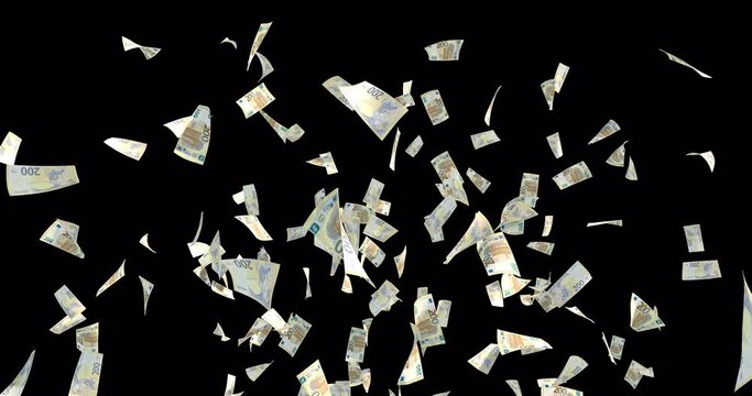 Falling a lot of 200-euro bills / 4K / Transparent background / Depth Map Image / 3D motion graphics / Currency / Money / Finance