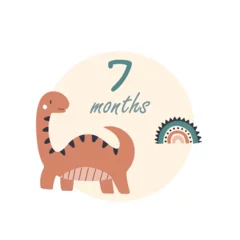 Foto op Plexiglas 7 seven months Baby month anniversary card metrics. Baby shower print with cute animal dino, flowers and palm capturing all special moments. Baby milestone card for newborn. © Ольга Агуреева