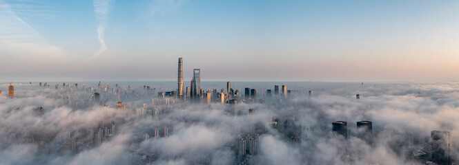 Buildings in Lujiazui, Shanghai, China under advection fog.