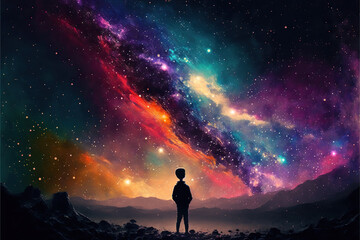 Fototapeta premium boy looking for a colorful galaxy in the sky. Generative Ai