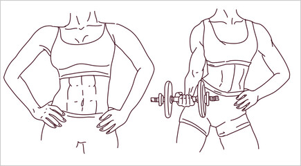 Set of girls doing Fitness. Silhouettes of a young woman doing sports. Abstract female body parts, isolated feminine girl. Woman with dumbbells 