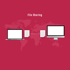 Data transfer worldwide connecting, info graphic laptop file sharing in viva magenta background color