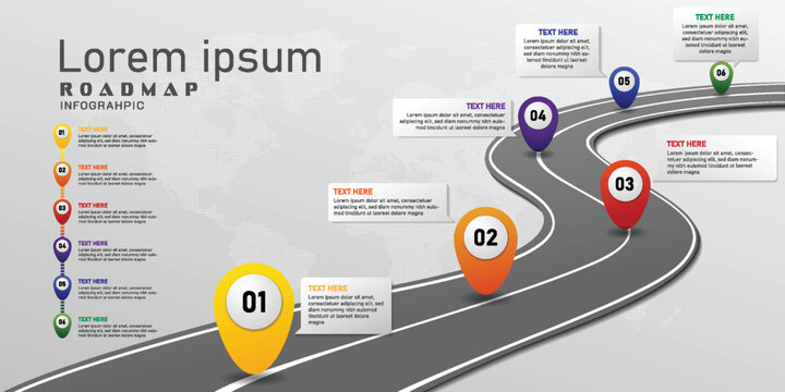 Roadmap and numbers of pin infographic vector illustration with colorful topic information, timeline progress target milestone concept