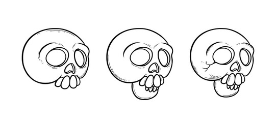 Pirate skull in cartoon style. Set of a human skull sketches. Vector illustration isolated in white background