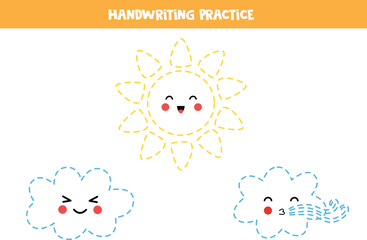 Tracing lines for kids. Cute sun and clouds. Writing practice.