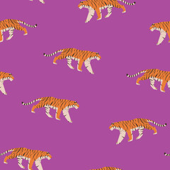 Cute walking tigers. Seamless pattern for fabric textile or wrapping paper. Hand drawnvector  cartoon style illustration for children 
