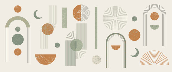 Hand drawn abstract minimal element mid century vector set. Aesthetic contemporary stripe line art, watercolor geometric shapes in nude colors. Art form design for wall art, decoration, wallpaper. © TWINS DESIGN STUDIO