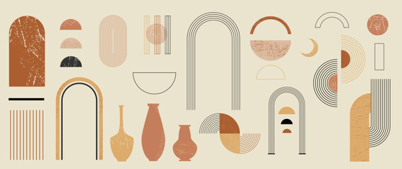 Hand drawn abstract minimal element mid century vector set. Aesthetic contemporary stripe line art, watercolor geometric shapes in nude colors. Art form design for wall art, decoration, wallpaper.