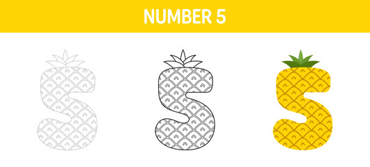 Number 5 tracing and coloring worksheet for kids