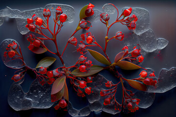 Looking down, the small red flowers covered by ice are arranged regularly, forming a transparent ice armor on the outside