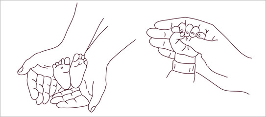 Set woman with a child. Line drawing by hand. Children's hands in the hands of the mother. Vector in flat lay