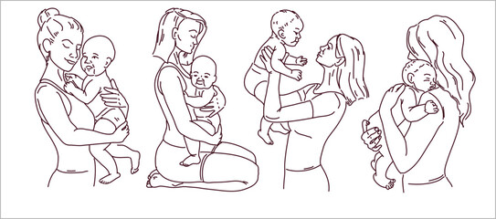 Seth woman with a child. Line drawing by hand. The mother holds the child in her arms and hugs. Children's hands in the hands of the mother. Vector in flat lay