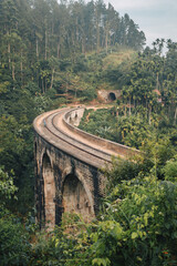Ella, Sri Lanka - February 4th, 2022 : Train on the iconic Nine Arch Bridge Railway