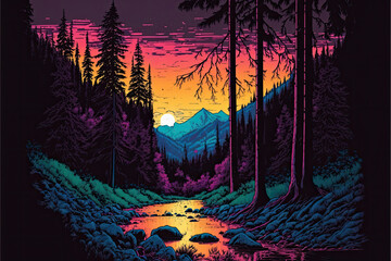 comic book style illustration of a sunset over a beautiful forest, with mountains and fresh water river, in a vaporwave color palette. peaceful landscape artwork. Generative AI