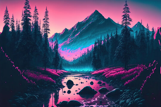 Vaporwave Comic Book Style Illustration Of A Sunset Over A Beautiful Forest, With Mountains And Fresh Water River, In A Vaporwave Color Palette. Peaceful Landscape Artwork. Generative AI