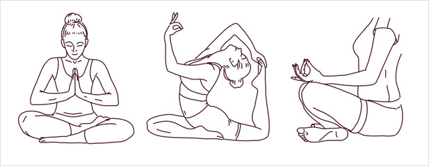 Set of girls doing yoga. Silhouettes of a young woman in the lotus position. Abstract female body parts, isolated feminine girl. Sensual woman wearing underwear, bra. Vector in flat