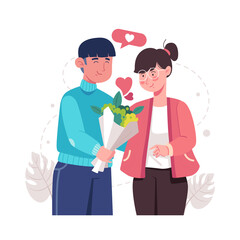 A romantic boyfriend gives a bunch of flowers to his darling girlfriend. Happy young couple portrait. Valentine's Day and happy anniversary concept.