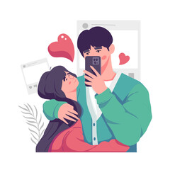 Romantic lovers are taking selfie with great passion. Happy young couple portrait. Valentine's Day and Happy Anniversary concept.