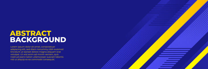 Abstract blue banner design vector, dynamic sporty horizontal background template with blue and yellow shapes for media promotion or web banner