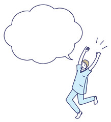 ガッツポーズでジャンプする白衣の男性のふきだし