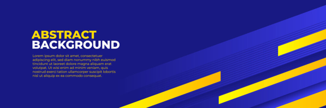 Abstract blue banner design vector, dynamic sporty horizontal background template with blue and yellow shapes for media promotion or web banner