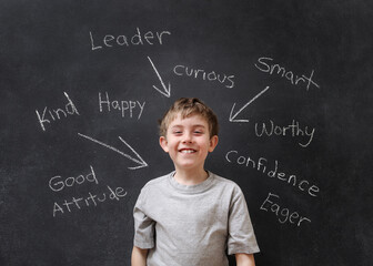 Positive encouraging words written on a blackboard with a happy smiling child