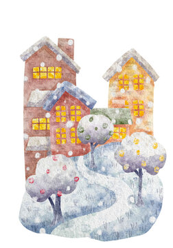 Christmas House Watercolor Illustration Clipart, Bright, Isolated on White Background. Perfect for Winter Cards and Prints, Hand Drawn Village on Snowy Hill