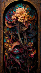 wood relief carving of flowerpunk Generative AI