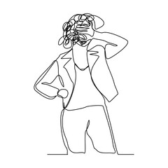 Continuous singe one line drawing art of stress confusing people because any problem. Vector illustration of business woman mess feeling with round scribbles instead of a head.