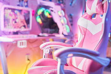 pink themed kawaii gaming room with chair and computer - 564464141