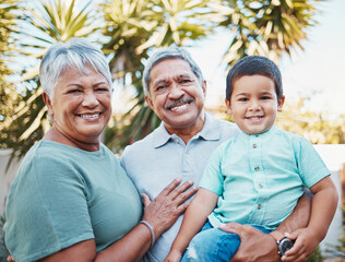 Grandparents, child and portrait outdoor in a garden with love, care and kid support. Smile, happy and Mexican family together with kid and senior people in sunshine in a park with children in nature