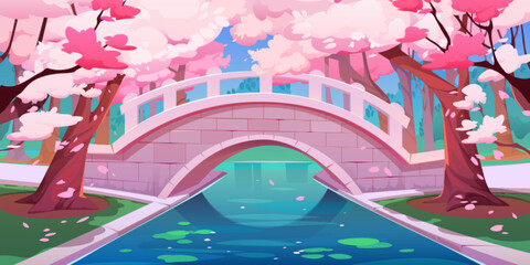 Japanese cherry garden with bridge and sakura blossom. Spring landscape of park with stone bridge over river or brook, chinese cherry trees with pink flowers, vector cartoon illustration © klyaksun