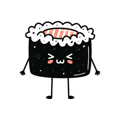 Kawaii sushi mascot in cartoon style. Cute maki with salmon for menu